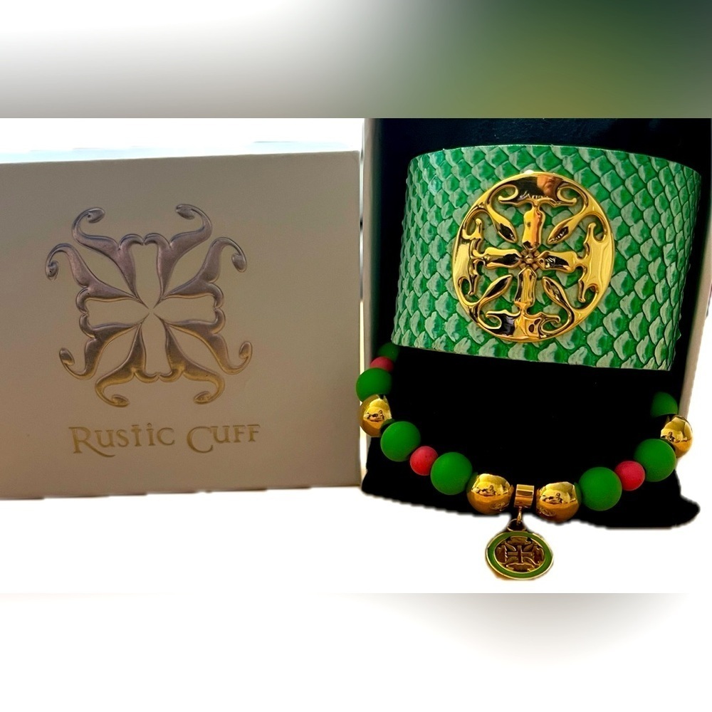 NIB Rustic Cuff Beaded Bracelet with Charm & Cuff, Green Faux Python
